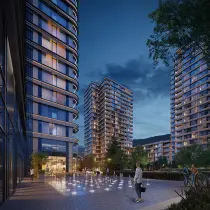 Budynek inwestycji Uptown Square - nocna oprawa - patio